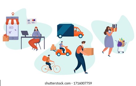 Online Shopping and Food Delivery on Bicycle and Truck during Quarantine. Social Distancing. Stay Home. Food and Boxes Transportation. No Contact Delivery During Coronavirus Epidemic. Vector Illustration