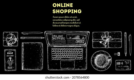 Online shopping frame. Hand drawn vector illustration. E-commerce vintage design template. Hand drawn sketch with laptop computer, credit card, smartphone, pen and notebook. Top view table.