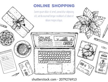 Online shopping frame. Hand drawn vector illustration. E-commerce vintage design template. Hand drawn sketch with laptop computer, credit card, smartphone, pen and notebook. Top view table.