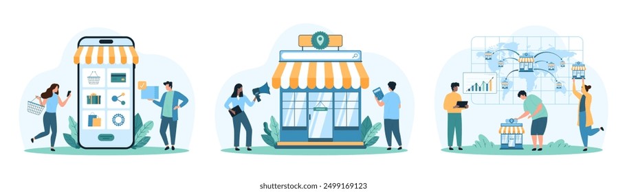 Online shopping, franchise business development set. Tiny people announce in megaphone retail store launch, choose gifts in menu category, pin new shop model on map cartoon vector illustration