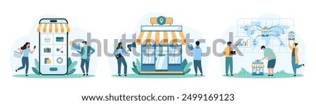 Online shopping, franchise business development set. Tiny people announce in megaphone retail store launch, choose gifts in menu category, pin new shop model on map cartoon vector illustration