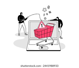 Online shopping fraud symbol with a laptop computer and a fake shopping cart. Flat design, easy to use for your website or presentation.