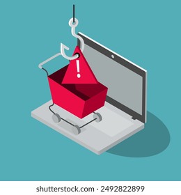 Online shopping fraud symbol with a laptop computer and a fake shopping cart. Flat design, easy to use for your website or presentation.