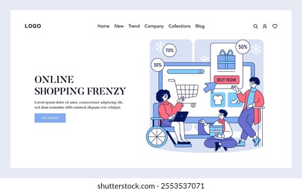 Online Shopping Frenzy concept. Consumers engage in digital retail therapy, scoring major deals during a seasonal sale. E-commerce interface, winter discounts shown. Vector illustration.