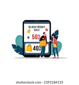 Online Shopping Frenzy in Flat Design Illustration for Black Friday Theme.