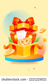 Online shopping gift box with gold coins and red envelopes on the background, vector illustration