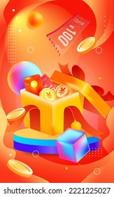 Online shopping gift box with gold coins and red envelopes on the background, vector illustration