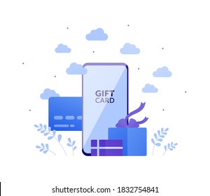 Online shopping, gift delivery service and loyalty program concept. Vector flat illustration. Smartphone and giftbox symbol. Bank card on background. Design for ecommerce banner, web holiday sale ad