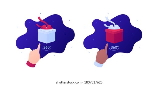 Online shopping and gift delivery service concept. Vector flat illustration set. Human caucasian and arfican american hand choose giftbox. 360 rotate sign. Design for banner, web holiday sale ad