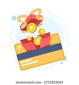 Online shopping and gift receiving concept with loyalty programs, reward points, discounts, and bonus offers. Flat illustration vector for marketing, e-commerce, and customer retention.
