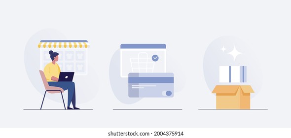 Online shopping. girl with laptop and payment. vector illustration