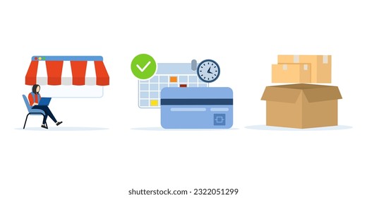 Online shopping. girl with laptop and payment. make payments and estimate delivery time until the goods arrive, illustration of online shopping order steps. vector illustration.