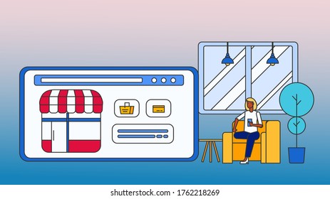 Online shopping. Girl sit on armchair in living room and online shopping on mobile application. Flat line design Vector Illustration