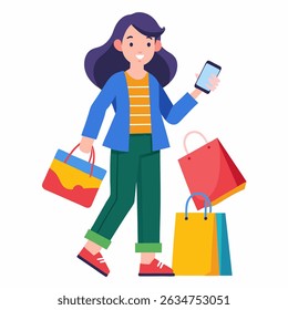 Online shopping girl with smartphone and shopping bags Modern flat colorful vector, clean lines, on white background