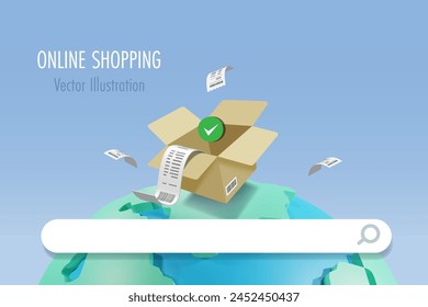 Online shopping and global e commerce distribution with guarantee service. Shipping box with search bar on world. 3D vector created from graphic software.