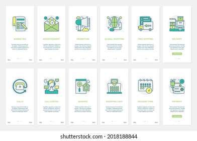 Ilustración de vectores de tecnología global de compras en línea. UX, interfaz de usuario conectado a la página de aplicaciones móviles con pago de línea, envío gratuito, entrega rápida, servicio de llamadas, publicidad de marketing social