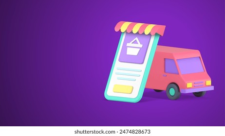 Online-Shopping-Waren-Lieferanwendung Fracht-Bestellung LKW-Transport 3D-Symbol-Vektorillustration. Internet-Kauf digitaler Lebensmittelmarkisen-Laden-Handy-Cyberspace-Business-Commerce