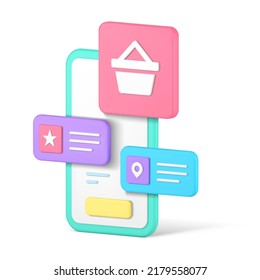 Online shopping goods delivery purchase store smartphone application user interface buttons realistic 3d icon vector illustration. Internet retail business commercial app mobile phone isometric screen