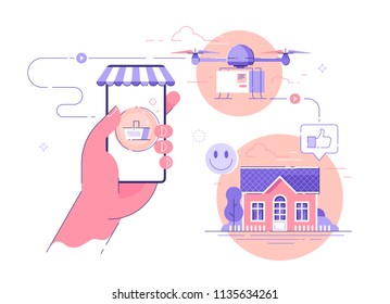 Online shopping and goods shipping. Drone delivery and logistics concept vector illustration.