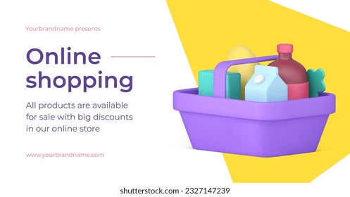 Online shopping groceries product special offer retail purchase promo 3d banner realistic vector illustration. Marketing trading business shop store web ad supermarket basket cart grocery food