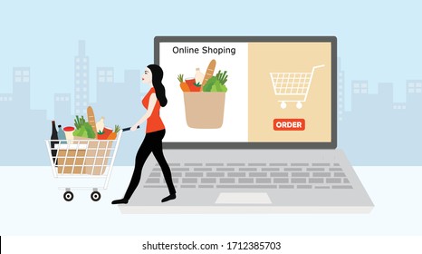 Concepto de compras en línea, bella mujer pide comestibles de la laptop aislada ilustración vectorial. Antecedentes del servicio comercial de compras en línea