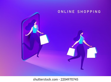 Online shopping grocery concept, beautiful woman order grocery from laptop isolated vector illustration. Online shopping, digital payment, technology service business service background