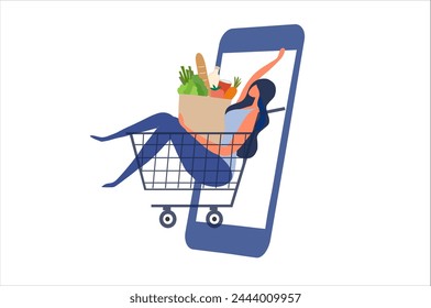 Online shopping grocery concept, beautiful woman order grocery from laptop isolated vector illustration. Online shopping, digital payment, technology service business service background