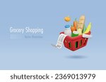 Online shopping and grocery delivery service, Shopping basket with grocery foods and receipt bill. Supermarket and discount store. 3D realistic cartoon character. Vector. 