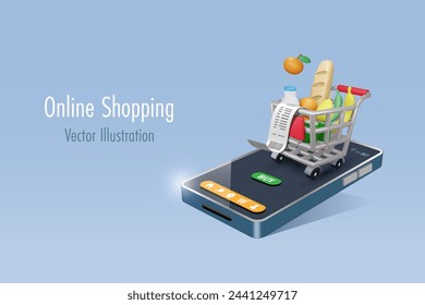 Online shopping grocery delivery service. Shopping trolley cart full of grocery products on mobile app. Express home delivery wireless technology. 3D vector created from graphic software.