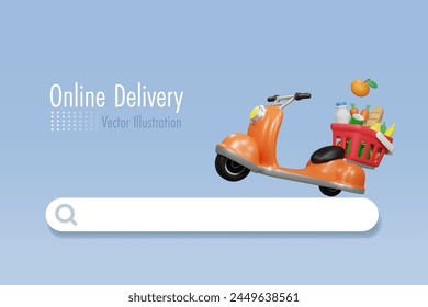 Servicio de entrega de comestibles en línea. Scooter con cesta de la compra en la barra de búsqueda. Tecnología inalámbrica Express Home Delivery. Vector 3D creado a partir de software gráfico.