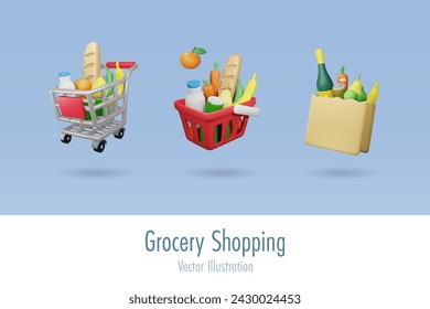 Juego de compras en línea. Cesta de la compra, bolsa y carrito lleno de productos de comestibles. Elementos para publicidad y marketing empresarial. Vector 3D creado a partir de software gráfico.