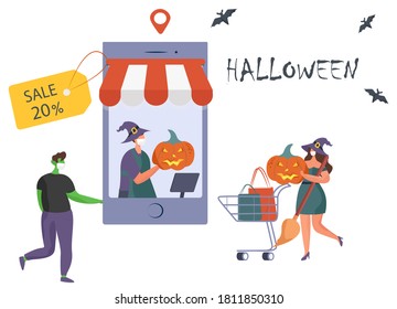 Online Shopping in Halloween during Quarantine.People in Costumes have Fun at Halloween Party with Halloween Pumpkin during Quarantine.Dressed as Witch and Vampire in Medical Masks.Vector Illustration