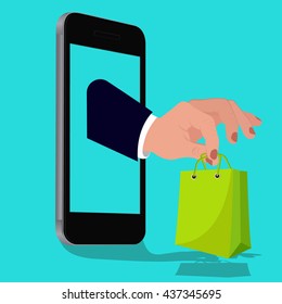 online shopping, hand with shopping bag, vector illustration