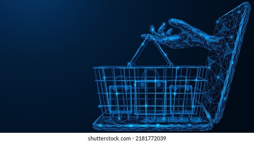 Online shopping. A hand with a shopping basket passes the ordered goods through a laptop monitor. Low-poly design of interconnected lines and dots. Blue background.