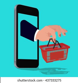 online shopping, hand with basket, vector illustration