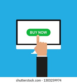 Online shopping. Hand click button Buy now. Vector illustration flat design.