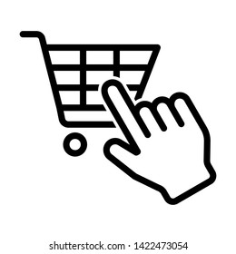 Online shopping, hand click on shopping cart icon. Simple design. Line vector. Isolate on white background.