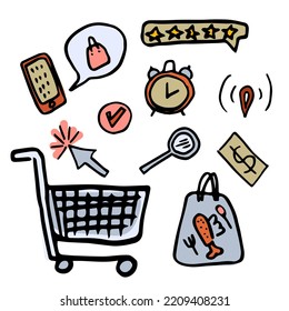 Online shopping hand drawn doodle icons set