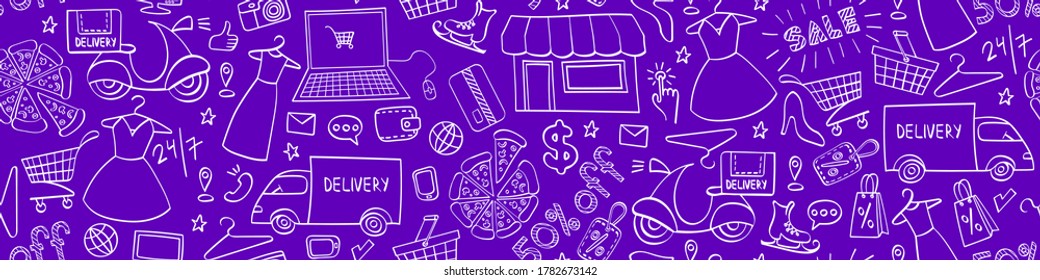 Online shopping hand drawn seamless horizontal border. Doodle e-commerce background. Vector illustration.