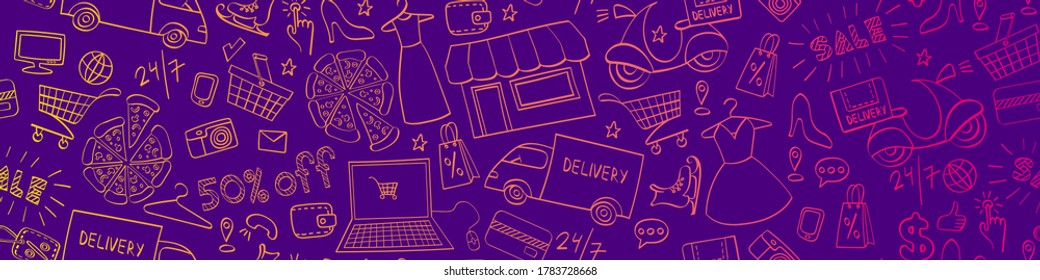 Online shopping hand drawn seamless web banner. Doodle e-commerce background. Vector illustration.