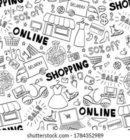 Online shopping hand drawn seamless pattern with lettering. Doodle e-commerce background. Vector illustration.