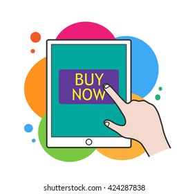 Online Shopping, a hand drawn vector illustration of a tablet device with "buy now"written on the screen.