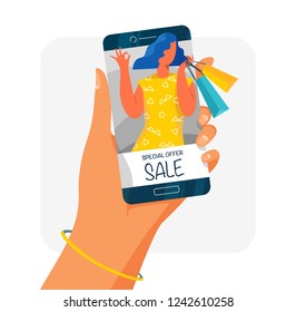 Online shopping. Hand holding mobile phone. Concept flat style vector design illustrations.