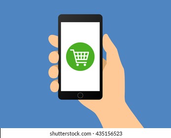 Online shopping with hand holding smartphone flat vector illustration for apps and websites