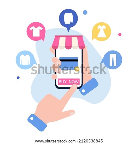 Online shopping. Hand holding smartphone with credit card and button 