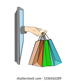online shopping. hand holds shopping bags. vector illustration. flat design.