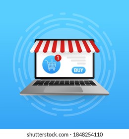 Online shopping hand smartphone for mobile device design. Laptop with shopping concept. Online store payment. Isometric vector illustration.