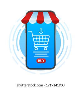 Online shopping hand smartphone for mobile device design. Smartphone with shopping concept. Online store payment. Isometric vector illustration.