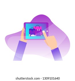 online shopping, hand using tab and ordering things from it - vector