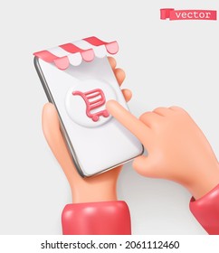 Online shopping. Hands with a mobile phone. 3d cartoon vector icon